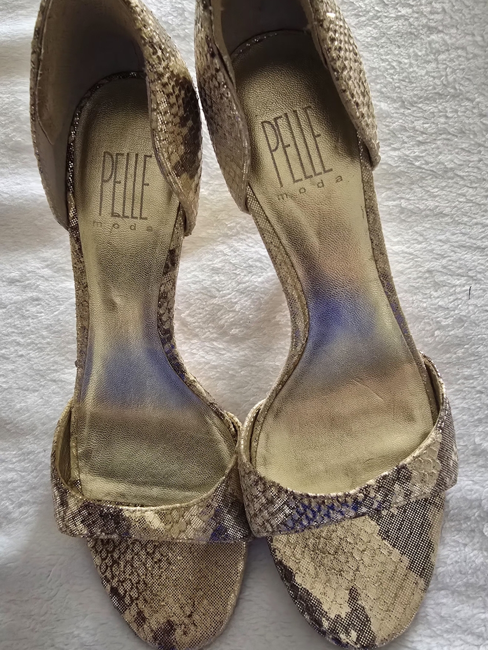 Pelle Moda Gold Snake-Print Open-Toe Heels